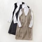 Set: Mock-neck Top + Overall Knit Dress Top - White - One Size / Dress - Khaki - One Size