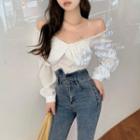 Off-shoulder Lantern Sleeve Smocked Back Ruched Top White Top - One Size