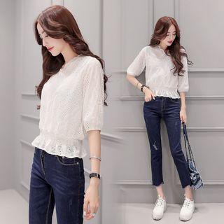 Set : Elbow-sleeve Lace Top + Skinny Jeans
