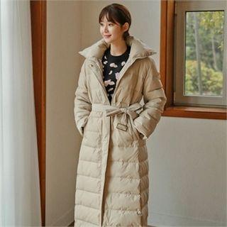 Hooded Duck Down Puffer Coat With Sash