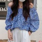 Long-sleeve Off-shoulder Floral Top Blue - One Size