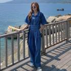 Elbow-sleeve Denim Wide-leg Jumpsuit