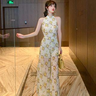 Set: Sleeveless Halter Floral Print Top + Wide-leg Pants