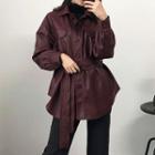 Faux Leather Buttoned Jacket With Sash