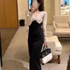 Long-sleeve Two-tone Maxi Sheath Dress