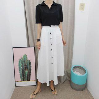 Band-waist Button-front Linen Skirt