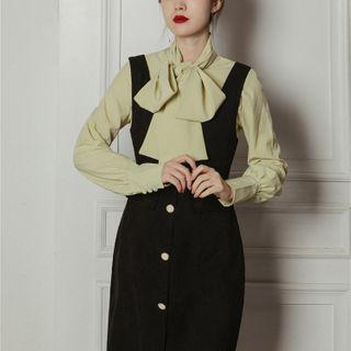 Tie-neck Blouse / Sleeveless Button-up Midi Dress / Set