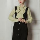 Tie-neck Blouse / Sleeveless Button-up Midi Dress / Set