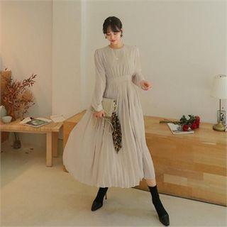 Puff-shoulder Pleated Chiffon Long Dress