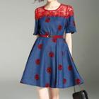 Flower Embroidered Lace Panel Short Sleeve A-line Dress