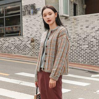 Round-neck Tweed Cardigan Gray - One Size