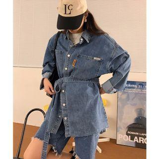 Long-sleeve Loose-fit Denim Shirt Jacket Blue - One Size