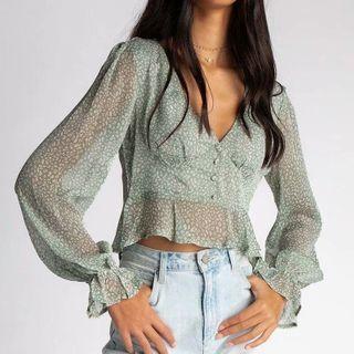 Puff Sleeve V-neck Floral Print Ruffle-trim Top