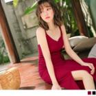 Slit-side Shirred Spaghetti Strap Dress