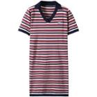Short-sleeve Collared Striped Knit Dress Stripes - Red & Blue - One Size