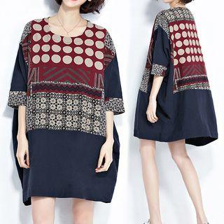 Elbow-sleeve Patterned T-shirt Dress