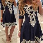 Lace Trim Tie-waist Crewneck A-line Sheath Dress