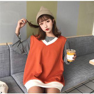 Contrast-trim Vest / Long-sleeve Striped Top