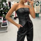 Strapless Faux Leather Button-up Top