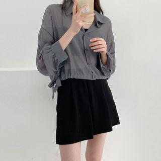Plain Drawstring-hem Long-sleeve Blouse