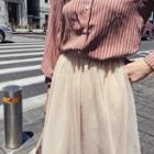 Set: Striped Shirt + Sheer Overlay A-line Midi Skirt