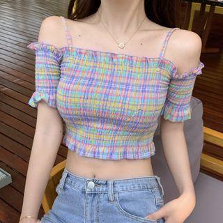 Plaid Cold-shoulder Short-sleeve Cropped Top