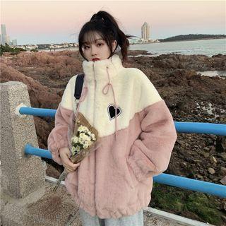 Heart Embroidered Two-tone Fluffy Zip Jacket