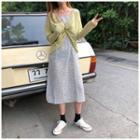 V-neck Long-sleeve Knit Top / Printed Midi Spaghetti Strap Dress