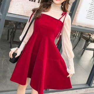 Set: Lantern-sleeve Mesh Top + Velvet Mini A-line Overall Dress