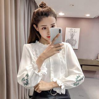 3/4-sleeve Scallop-trim Embroidered Shirt