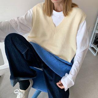 Two-tone Cable-knit Vest Blue - M