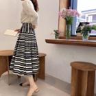 Striped Pleated A-line Long Skirt Black - One Size