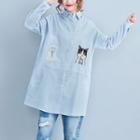 Cat Embroidered Pinstriped Long Shirt