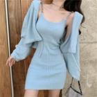 Chain Strap Sleeveless Knit Mini Bodycon Dress / Cropped Hooded Cardigan