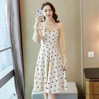 Set: Mesh Long-sleeve Top + Dotted Spaghetti Strap A-line Dress