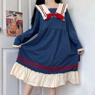 Long-sleeve Sailor Collar Midi Sleep Dress Blue - One Size