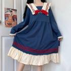 Long-sleeve Sailor Collar Midi Sleep Dress Blue - One Size