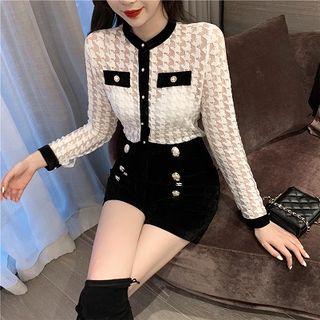 Plain Crewneck Single-breasted Lace Long-sleeve Top / Plain High-waist Wide-leg Short Pants