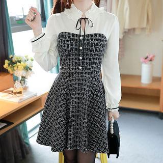 Tie-neck Contrast-panel Flared Dress