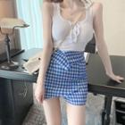 Knit Tank Top / Irregular Plaid Fitted Mini Skirt