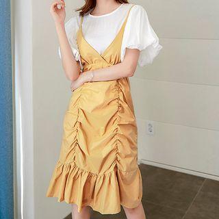 Set: Short-sleeve Top + Spaghetti Strap Ruffled Dress