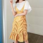 Set: Short-sleeve Top + Spaghetti Strap Ruffled Dress