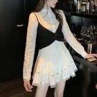 Long-sleeve Lace Trim A-line Dress / Camisole Top