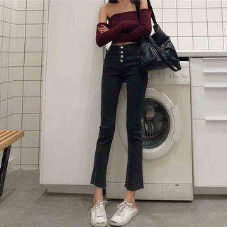 Cropped Buttoned Boot Cut Jeans