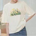 Flower Print Short-sleeve T-shirt Light Yellow - One Size