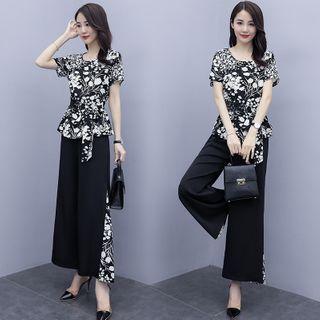 Set: Flower Print Short Sleeve Top + Wide-leg Pants