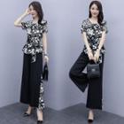 Set: Flower Print Short Sleeve Top + Wide-leg Pants