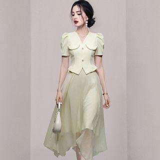 Set: V-neck Cropped Blouse + Irregular Midi A-line Skirt