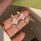 Flower Faux Pearl Alloy Dangle Earring 1 Pair - Silver Stud - White & Green - One Size