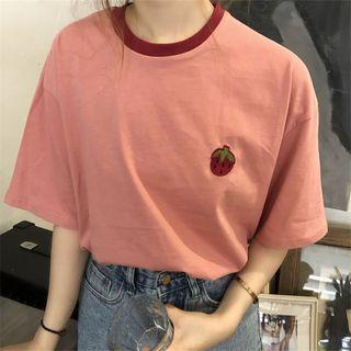 Elbow-sleeve Strawberry Embroidery T-shirt Pink - One Size